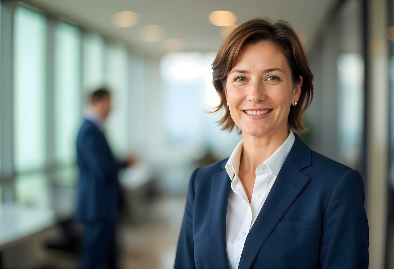 Smiling woman in business attire representing relief after filing back taxes successfully with a tax resolution firm in Orange County.
