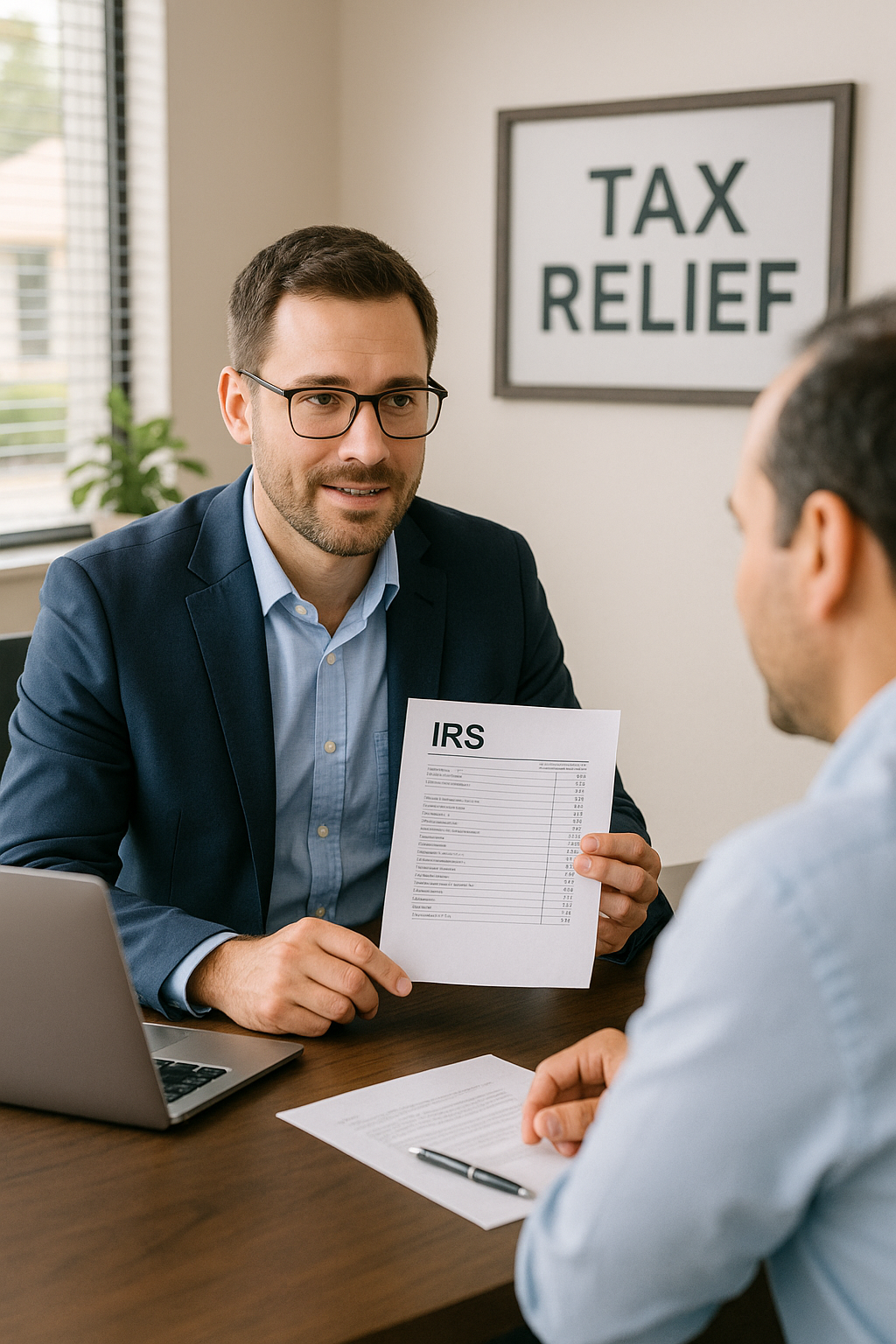 IRS tax professional meeting with client in Orange County office to discuss back taxes and IRS debt relief options.