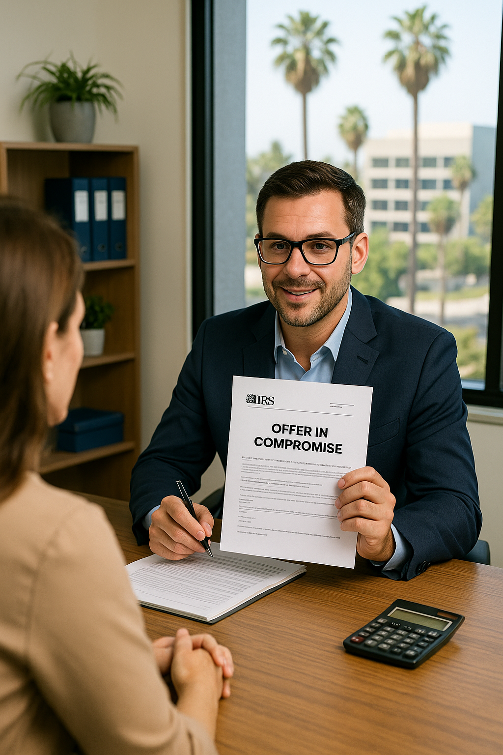 Tax relief specialist presenting an Offer in Compromise document to a client in an Orange County office.