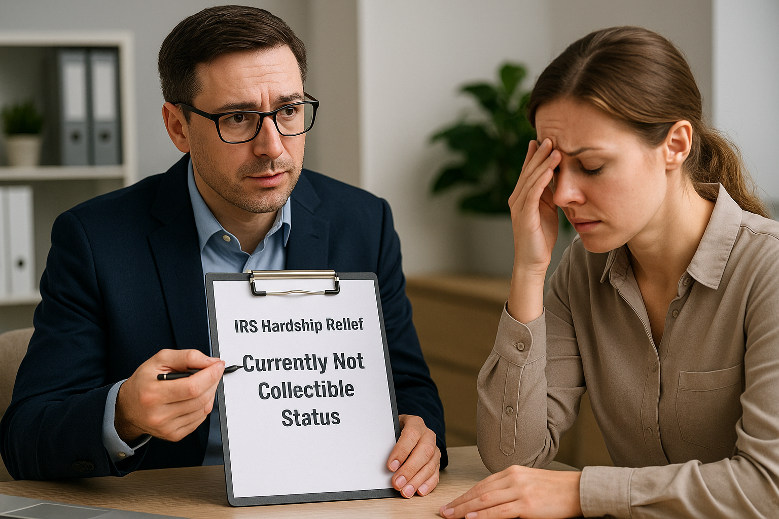 A tax consultant from Advance Tax Relief SoCal explains Currently Not Collectible (CNC) status to a distressed Orange County client, helping her understand how IRS hardship relief can temporarily pause collections and protect her income.
