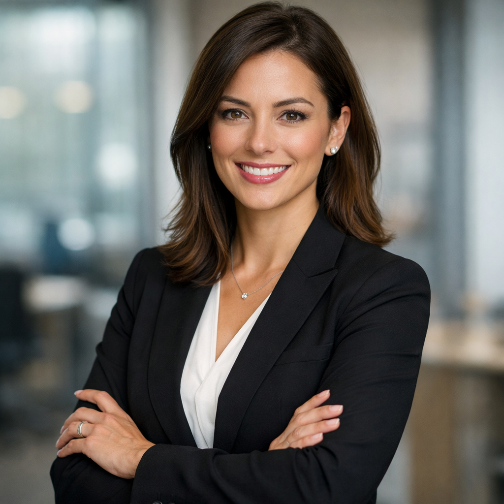 Smiling professional woman in business attire with arms crossed