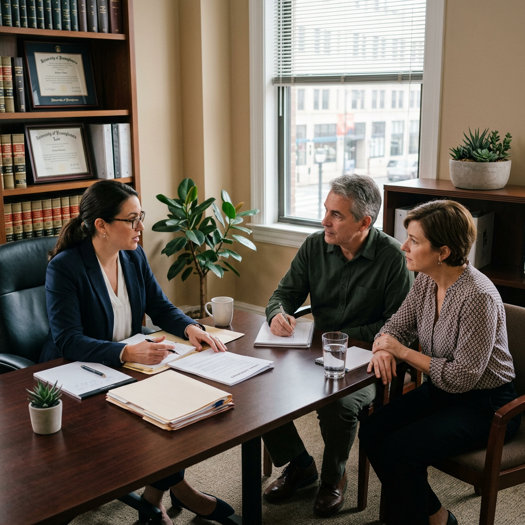 Legal advisor consulting with a couple about documents in an office