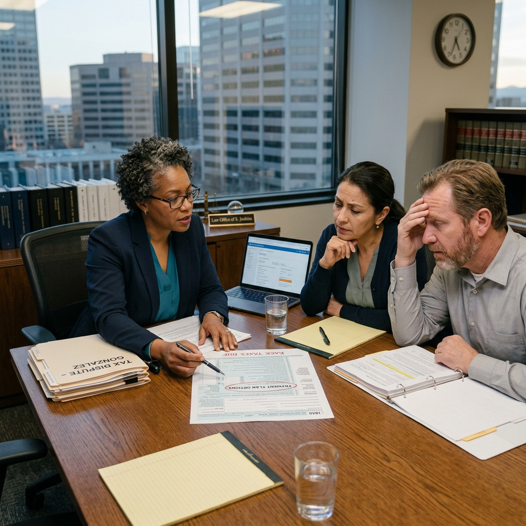 Lawyer discussing tax dispute documents with worried clients around a conference table