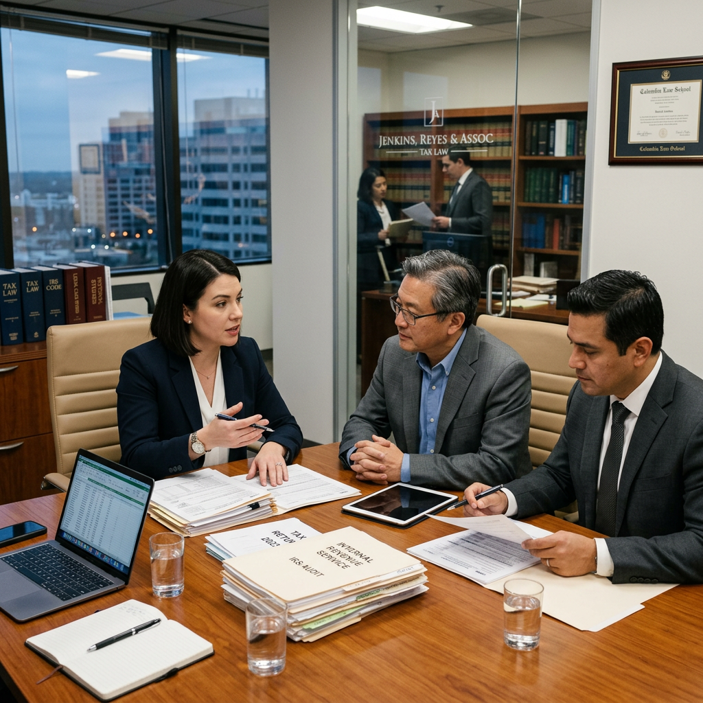 Three business professionals seated at a conference table reviewing tax documents and spreadsheets
