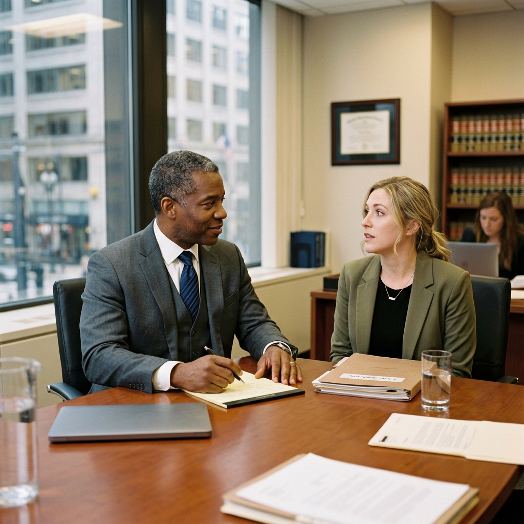 Two professionals talking at a conference table in an office