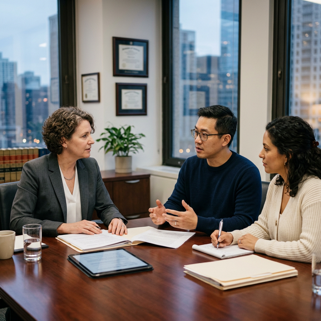 Three professionals having a meeting in an office with documents and tablet on table