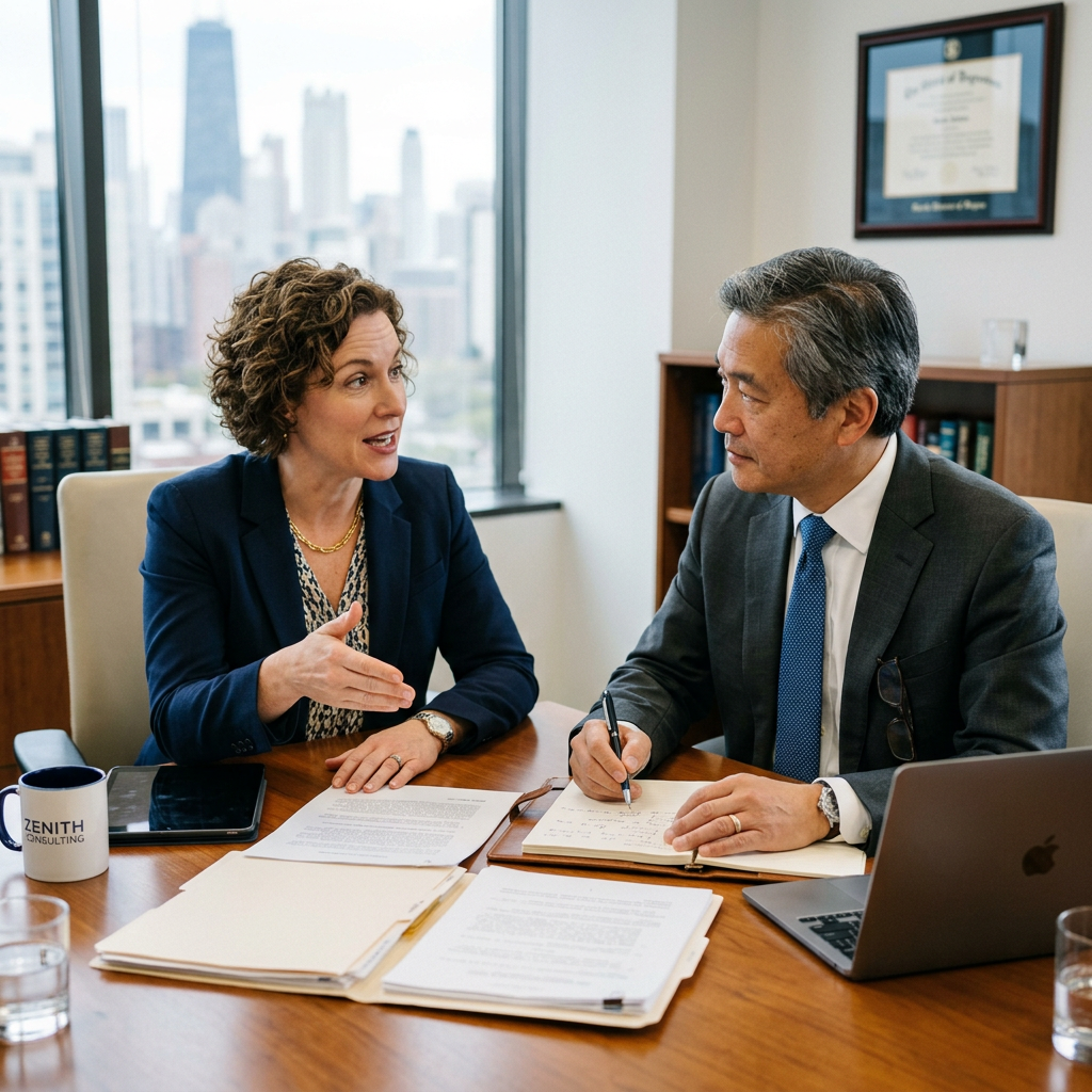 Two business professionals discussing documents at an office table